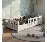 Juskys Letto a pavimento per bambini Naya 80x160 cm con barriera di sicurezza e rete a doghe - letto Montessori in legno massiccio di pino - letto con sponde per bambini - bianco