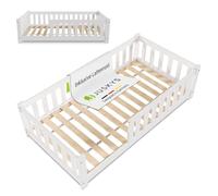 Juskys Letto a pavimento per bambini Naya 80x160 cm con barriera di sicurezza e rete a doghe - letto Montessori in legno massiccio di pino - letto con sponde per bambini - bianco