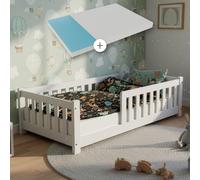 Juskys Letto a pavimento per bambini Naya 80x160 cm con materasso, barriera di sicurezza e rete a doghe - letto Montessori in legno massiccio di pino - letto con sponde per bambini - bianco