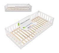 Juskys Letto a pavimento per bambini Naya 90x200 cm con barriera di sicurezza e rete a doghe - letto Montessori in legno massiccio di pino - letto con sponde per bambini e adolescenti - bianco