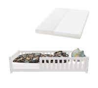 Juskys Letto a pavimento per bambini Naya 90x200 cm con materasso, barriera di sicurezza e rete a doghe - letto Montessori in legno massiccio di pino - letto con sponde per bambini - bianco