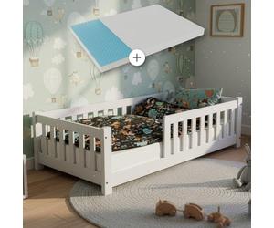 Juskys Letto a pavimento per bambini Naya 90x200 cm con materasso, barriera di sicurezza e rete a doghe - letto Montessori in legno massiccio di pino - letto con sponde per bambini - bianco