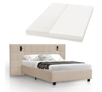 Juskys Letto imbottito Luzano 140x200 cm - Con materasso, LED, rete e testiera - Letto matrimoniale moderno in legno e velluto - Beige