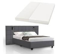 Juskys Letto imbottito Luzano 140x200 cm - Con materasso, LED, rete e testiera - Letto matrimoniale moderno in legno e velluto - Grigio scuro