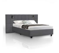 Juskys Letto imbottito Luzano 140x200 cm - Letto LED con rete e testiera - struttura moderna in legno e velluto - matrimoniale elegante - Grigio scuro