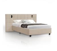 Juskys Letto imbottito Luzano 140x200 cm - Letto LED con rete e testiera - struttura moderna in legno e velluto - matrimoniale elegante - Beige