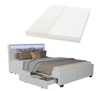 Juskys letto imbottito Lyon da 140x200 cm con materasso, cassetti, luci LED, rete a doghe e testata - Bianco - Letto singolo