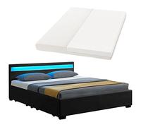 Juskys letto imbottito Lyon da 140x200 cm con materasso, cassetti, luci LED, rete a doghe e testata - Nero - Letto singolo