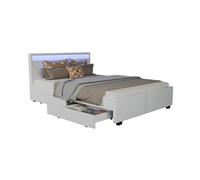 Juskys letto imbottito Lyon da 140x200 cm con similpelle, cassetti, luci LED e rete a doghe - Bianco - Letto singolo