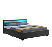 Juskys letto imbottito Lyon da 140x200 cm con similpelle, cassetti, luci LED e rete a doghe - Grigio - Letto singolo