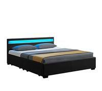 Juskys letto imbottito Lyon da 140x200 cm con similpelle, cassetti, luci LED e rete a doghe - Nero - Letto singolo