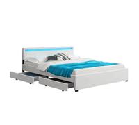 Juskys letto imbottito Lyon da 180x200 cm con similpelle, cassetti, luci LED e rete a doghe - Bianco - Letto matrimoniale