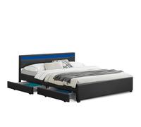 Juskys letto imbottito Lyon da 180x200 cm con similpelle, cassetti, luci LED e rete a doghe - Nero - Letto matrimoniale