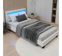 Juskys letto imbottito Paris da 90x200 cm in bianco - Letto con illuminazione LED, rete a doghe e testata - Struttura moderna con rivestimento in similpelle