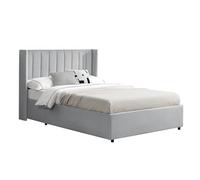 Juskys letto imbottito Savona 140x200 cm, letto con contenitore, rete a doghe, rivestimento in velluto, struttura in legno, fino a 250 kg, testiera grande, grigio chiaro