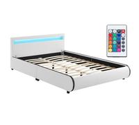 Juskys Letto imbottito Sevilla 140x200 cm con illuminazione LED, rete a doghe e testiera - Legno e pelle sintetica - 16 impostazioni di colore e telecomando - Letto singolo per ragazzi - Bianco