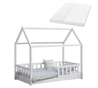 Juskys Letto per bambini Marli 80 x 160 cm con materasso, barriera anticaduta, rete a doghe e tetto - Letto casetta in legno massiccio per bambini - Colore bianco