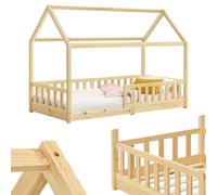 Juskys letto per bambini Marli 90 x 200 cm con barriera anticaduta, rete a doghe e tetto - Letto casetta in legno massiccio per bambini - Colore Naturale