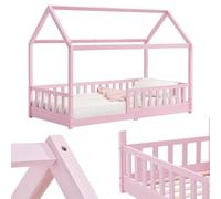 Juskys letto per bambini Marli 90 x 200 cm con barriera anticaduta, rete a doghe e tetto - Letto casetta in legno massiccio per bambini - Colore Rosa