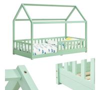 Juskys letto per bambini Marli 90 x 200 cm con barriera anticaduta, rete a doghe e tetto - Letto casetta in legno massiccio per bambini - Colore Menta