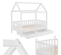 Juskys letto per bambini Marli da 80x160 cm con due contenitori, protezione anticaduta, rete a doghe e tetto - Letto a casetta in legno massiccio per bambini - Letto in bianco