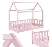 Juskys letto per bambini Marli da 80x160 cm con protezione anticaduta, rete a doghe e tetto - Letto a casetta in legno massiccio per bambini - Letto rosa
