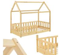 Juskys letto per bambini Marli da 80x160 cm con protezione anticaduta, rete a doghe e tetto - Letto a casetta in legno massiccio per bambini - Colore naturale