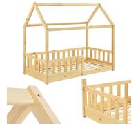 Juskys letto per bambini Marli da 80x160 cm con protezione anticaduta, rete a doghe e tetto - Letto a casetta in legno massiccio per bambini - Colore naturale