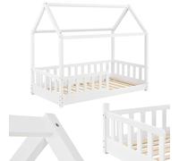Juskys letto per bambini Marli da 80x160 cm con protezione anticaduta, rete a doghe e tetto - Letto a casetta in legno massiccio per bambini - Letto bianco
