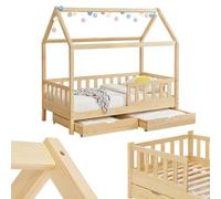 Juskys letto per bambini Marli da 90x200 cm con due contenitori, protezione anticaduta, rete a doghe e tetto - Letto a casetta in legno massiccio per bambini - Letto color naturale