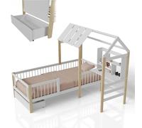 Juskys Letto per bambini Yari 90x200 cm - letto singolo con scrivania e cassetto, in legno di pino e materiali durevoli, design a casetta giocoso - bianco/naturale