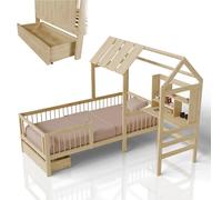 Juskys Letto per bambini Yari 90x200 cm - letto singolo con scrivania e cassetto, in legno di pino e materiali durevoli, design a casetta giocoso - naturale