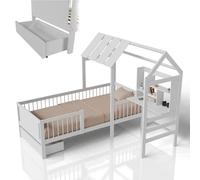 Juskys Letto per bambini Yari 90x200 cm - letto singolo con scrivania e cassetto, in legno di pino e materiali durevoli, design a casetta giocoso - bianco