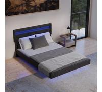 Juskys Letto sospeso Lissabon 140x200 cm con LED, rete e testiera - Design moderno in legno e similpelle - Matrimoniale - Colore nero