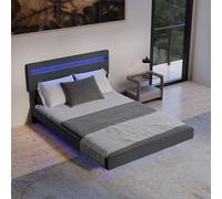 Juskys Letto sospeso Lissabon 140x200 cm con LED, rete e testiera - Design moderno in legno e similpelle - Matrimoniale - Colore grigio scuro