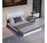 Juskys Letto sospeso Lissabon 140x200 cm con LED, rete e testiera - Design moderno in legno e similpelle - Matrimoniale - Colore bianco