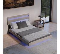 Juskys Letto sospeso Lissabon 140x200 cm con LED, rete e testiera - Design moderno in legno e similpelle - Matrimoniale - Colore beige