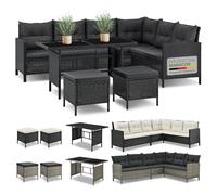 Juskys Lounge in polyrattan Manacor nero - Lounge da giardino con divano, tavolo, 2 sgabelli e cuscini - Set di mobili da giardino fino a 7 persone - Rivestimenti dei sedili color grigio