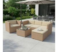 Juskys Lounge in polyrattan Punta Cana L resistente alle intemperie con divano, poltrona, sgabello, tavolo e cuscini - 4-5 persone - set di mobili da giardino lounge crema/sabbia