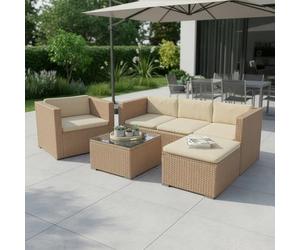 Juskys Lounge in polyrattan Punta Cana L resistente alle intemperie con divano, poltrona, sgabello, tavolo e cuscini - 4-5 persone - set di mobili da giardino lounge crema/sabbia