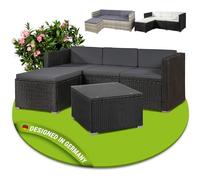 Juskys Lounge in polyrattan Punta Cana M resistente alle intemperie con divano 3 posti, sgabello, tavolo e cuscini per 3-4 persone - lounge da giardino Set di mobili da giardino nero/grigio