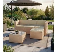 Juskys Lounge in polyrattan Punta Cana M resistente alle intemperie con divano, poltrona, sgabello, tavolo e cuscini - 3-4 persone - set di mobili da giardino lounge crema/sabbia