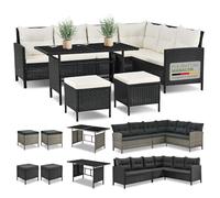 Juskys Lounge Manacor in polyrattan nero - Salotto da giardino con divano, tavolo, 2 sgabelli e cuscini - Set di mobili da giardino fino a 7 persone - Coprisedili color crema