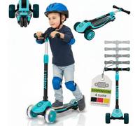JUSKYS® Lumox - Monopattino per bambini a 3 ruote, con ruote a LED, regolabile in altezza, pieghevole e freno posteriore, colore: nero/rosa/blu