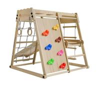 Juskys Mini struttura arrampicata per bambini - parco giochi per interni con scivolo, parete di arrampicata, rete di arrampicata e anelli ginnici - torre di arrampicata pieghevole in legno - naturale