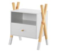 Juskys piccolo comodino in legno Jamie per bambini con cassetto, ripiano e scomparto aperto - Bianco e naturale
