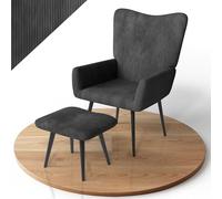 Juskys Poltrona Relax Odense con poggiapiedi, seduta in stile scandinavo con rivestimento in tessuto a coste, schienale alto e imbottitura - Grigio