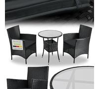 Juskys Polyrattan Set da balcone Bayamo 2 persone - Tavolo con piano in vetro & 2 sedie - Mobili da balcone resistenti alle intemperie - Cuscini lavabili - nero - grigio