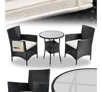 Juskys Polyrattan Set da balcone Bayamo 3 pezzi - Mobili da balcone resistenti alle intemperie con tavolo, 2 sedie & cuscini - Set di mobili da giardino per 2 persone - Nero/Crema