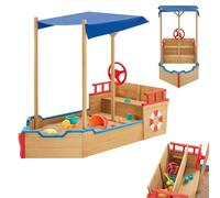 Juskys Sabbiera Käpt'n Pit - Barca a forma di nave pirata in legno - Grande sabbiera per bambini per il giardino con copertura del pavimento e panca | Sabbiera da esterno